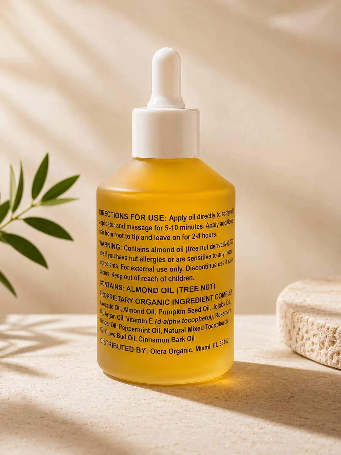 The back label of the OLERA bottle listing directions, warnings and the full organic ingredient complex